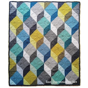 Borg Blanket Crochet Pattern - Instant Digital Download PDF- 3D Design Tumbling Blocks Optical Illusion Solid Granny Square Afghan Throw Rug