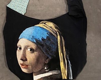Girl With a Pearl Earring Hobo Bag made from vintage tshirt and lined with repurposed fabric. All are one of a kind. .