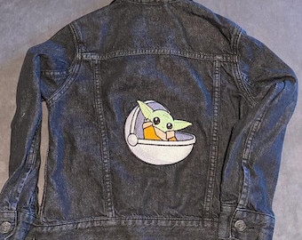 Embroidered Boy's Grogu Denim Jacket.  Size M, Repurposed Gap Jacket
