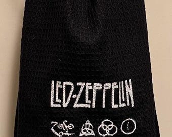 Led Zeppelin Embroidered Hand Towel.  Black Cotton Basket Weave towel.  Perfect for Kitchen, Wet Bar or Powder/Guest Bathroom.