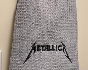 Metallica Embroidered Hand Towel.  Grey Cotton Basket Weave towel.  Perfect for Kitchen, Wet Bar or Powder/Guest Bathroom.