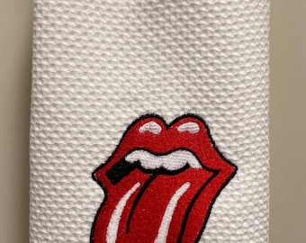 Embroidered Lips Hand Towel.  White Cotton towel.  Perfect for Kitchen, Wet Bar or Powder/Guest Bathroom. 30"L x 13"W.