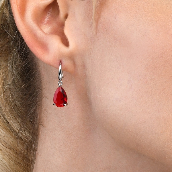 Tropfen Ohrringe mit roten Zirkonia Steinen für Frauen, Tropfen Ohrringe mit birnenförmigen roten Steinen in Sterling Silber oder Messing