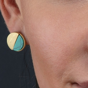 Gold Plated Turquoise Stud Earrings for Women, Brushed Finish Earrings with Blue Turquoise, Gold Studs for Women with Turquoise Stones