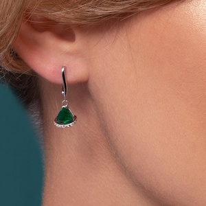 Green Drop Earrings for Women and Teenage Girls, Unique Triangle Dangle Earrings with Emerald Green and Clear Cubic Zirconia Stones image 1