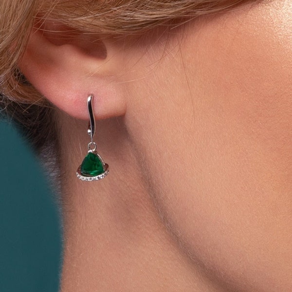 Green Drop Earrings for Women and Teenage Girls, Unique Triangle Dangle Earrings with Emerald Green and Clear Cubic Zirconia Stones
