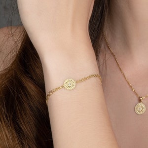 Gold Disc Bracelet for Women and Girls, Gold Plated Sterling Silver Chain Bracelet with a Matte Sun Motif, Dainty Gold Bracelet for Women image 1