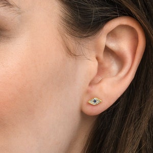 Gold Plated 925 Sterling Silver Evil Eye Earrings With Cubic Zirconia For Women, Dainty Evil Eye Gold Earrings with White Stones For Girls