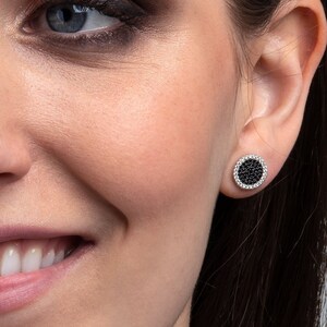 925 Sterling Silver Round Disc Studs for women, Round Disc Studs with Black & White Cubic Zirconia stones, White and Black Stud Earrings