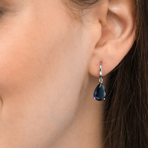 925 Sterling Silver Pear Drop Earrings With Blue Cubic Zirconia Stones for Women, Dangle Earrings with pear shaped Blue Stones In Silver