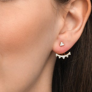 Gold Plated 925 Sterling Silver Ear Jacket Earrings for Women, Unusual Stylish Crown Gold Earrings with Cubic Zirconia Stones for Women