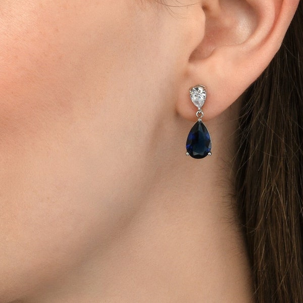 925 Sterling Silver Pear Shaped Drop Earrings For Women and Girls, Silver Teardrop Dangle Earrings With Blue & White Cubic Zirconia Stones