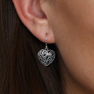 Oxidised Heart 925 Sterling Silver Dangle Earrings For Women, Silver Heart Drop Earrings for Girls, Cute Silver Dangle Earrings in Silver