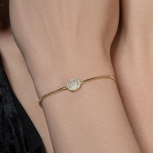 Adjustable Gold Disc Bracelet for Women, Slider Chain Bracelet with Cubic Zirconia Stones, Gold Plated Bracelet for Women and Teen Girls