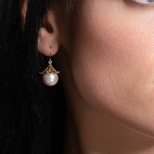 Gold Pearl Drop Earrings for Women and Girls, Large Gold Pearl Statement Earrings for Women, Ladies Gold Dangle Earrings with White Pearls