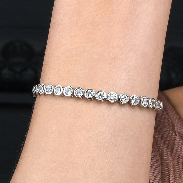 925 Sterling Silver Bezel Set Tennis Bracelet For Women With 4mm Cubic Zirconia, Ladies Bracelet With 4mm White Stones in Silver