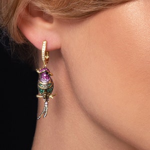 Gold Parrot Earrings for Women, Gold Plated Dangle Earrings set with Coloured Stones, Long Gold Earrings in an Elegant Tropical Bird Design image 1