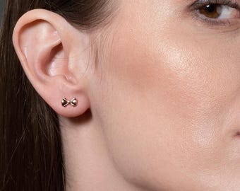 Dainty Rose Gold Bow Stud Earrings: 925 Sterling Silver