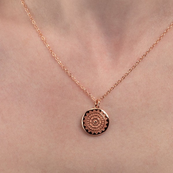 Rose Gold Plated Round Disc Mandala Necklace For Women, Rose Gold Necklace with Round Disc Pendant, Dainty Necklace with Mandala Pendant