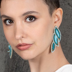 Long Beaded Blue Statement Earrings, Long Dangle Earrings for Women, Big Handmade Leaf Earrings in Light Blue, Bohemian Costume Jewellery
