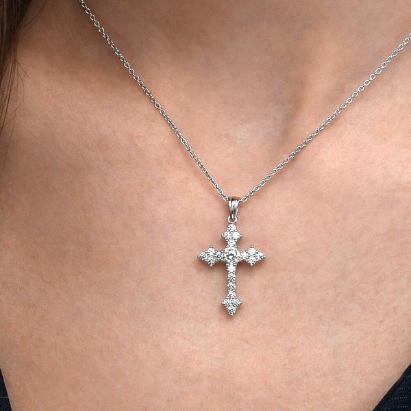 Cross Pendant Necklace in 925 Sterling Silver For Women, Silver Gothic Cross Necklace With Sparkling White Cubic Zirconia Stones For Girls