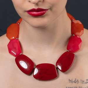 Red Statement Necklace for Women, Handmade Boho Chic Chunky Necklace for Women in Red, Pink and Orange, Bohemian Costume Jewellery for Women