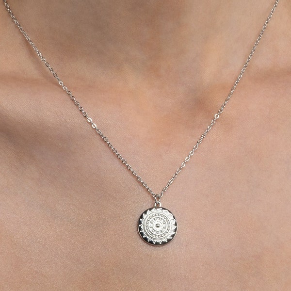 Silver Round Disc Mandala Necklace For Women, Silver Necklace with Round Disc Mandala Pendant, Dainty Necklace with Shiny Mandala Pendant