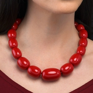20 inch Long Red Statement Necklace for Women and Girls, Handmade Chunky Necklace in Red Resin Big Oval Beads, Bohemian Costume Jewellery