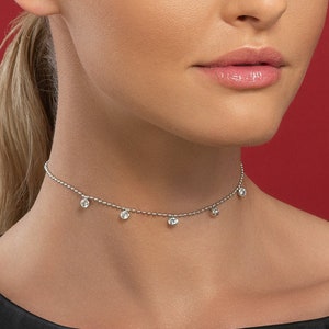 Beaded Choker Necklace for Women, Silver Choker Collar Necklace with Round CZ Charms, Adjustable Silver Choker Necklaces for Women