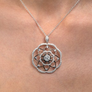 925 Sterling Silver Large Pendant Necklace With Cubic Zirconia Stones for Women, Mandala Statement Necklace With White Stones in Silver