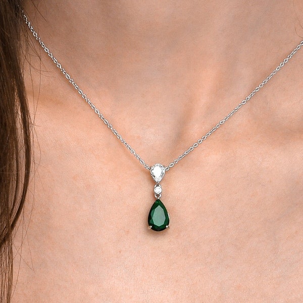 Green Pear Shaped 925 Sterling Silver Drop Pendant Necklace For Women, Drop Necklace With 2 Pear Shaped Green & White Cubic Zirconia Stones