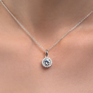 925 Sterling Silver Halo Pendant Necklace for Women, Silver Round Pendant with Cubic Zirconia Stones, Classic Necklace in silver for Teen image 1