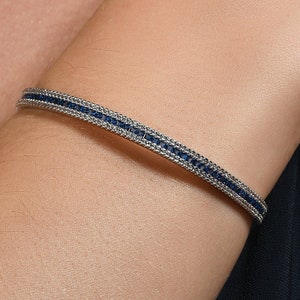Silver Bangle Bracelet for Women with Blue & White Cubic Zirconia Stones, Silver Blue Adjustable Open Cuff Bangle Bracelet for Women