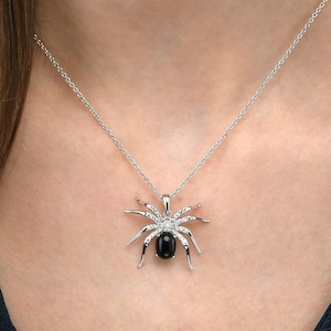 925 Sterling Silver Spider Pendant Necklace for Women with a Black Agate and Cubic Zirconia Stones, Stylish Spider Silver necklace For Girls