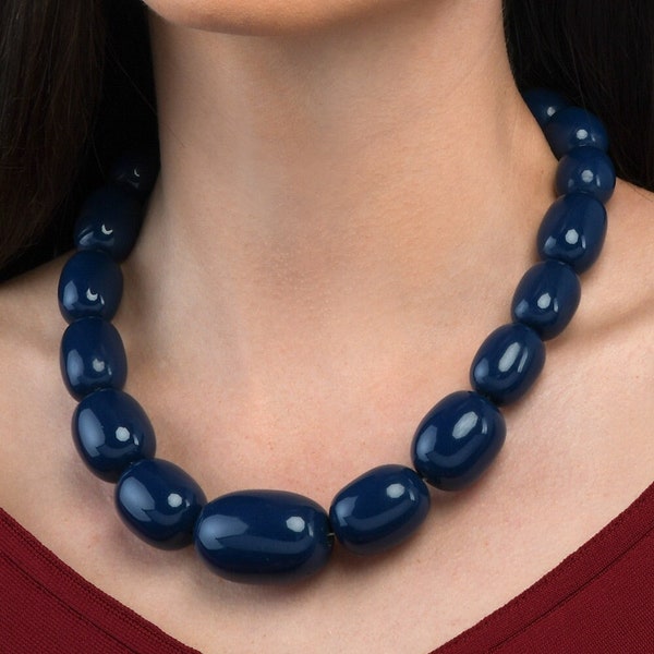 20 inch Long Blue Statement Necklace for Women and Girls, Handmade Chunky Necklace in Blue Resin Big Oval Beads, Bohemian Costume Jewellery