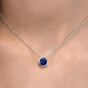 925 Sterling Silver Dark Blue Solitaire Pendant Necklace for Women, Single Stone Bezel Set Silver Pendant with Sapphire Blue Cubic Zirconia