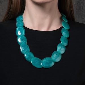 24 inch Long Turquoise Blue Chunky Necklace for Women, Handmade Large Statement Necklace in Light Blue Resin, Bohemian Costume Jewellery