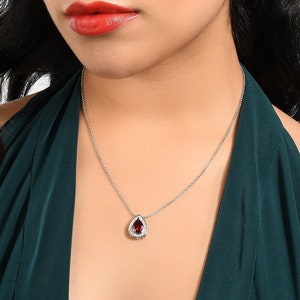 Red Pear Pendant Necklace for Women, Silver Pendant Necklace with Ruby Red Cubic Zirconia Stone, Red Teardrop Necklace for Women