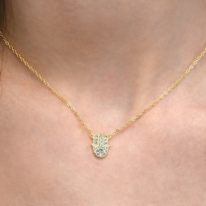 Gold Plated 925 Sterling Silver Hamza Hand Pendant Necklace For Women, Dainty Hamza Gold Necklace with White and Blue Cubic Zirconia Stones