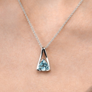 Sterling Silver Necklace with Natural Blue Topaz Gemstone Pendant for Women, Silver Pendant With Semi-Precious Trillion Cut Blue Topaz Stone