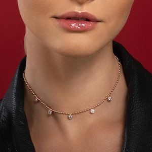 Gargantilla de cuentas de oro rosa para mujer, collar de gargantilla de oro rosa con dijes redondos de circonita cúbica, collares de gargantilla de oro rosa para mujer