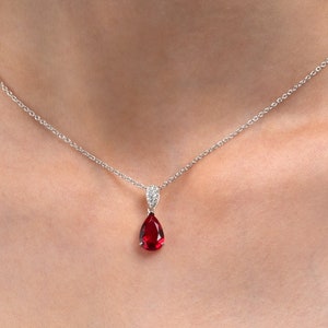 925 Sterling Silver Red Teardrop Pendant Necklace for Women