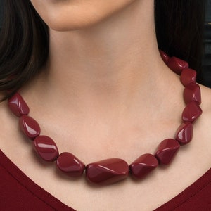 22 inch Long Burgundy Statement Necklace for Women, Handmade Chunky Necklace for Women in Maroon Burgundy Resin, Bohemian Costume Jewellery