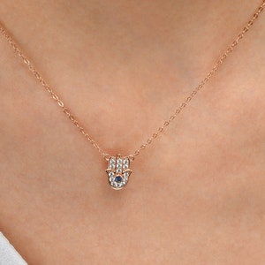 Rose Gold Plated 925 Sterling Silver Hamza Hand Pendant Necklace For Women, Dainty Hamza Necklace with White and Blue Cubic Zirconia Stones