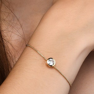 Simple Gold Bracelet for Women and Teenage Girls, Dainty Cute Gold Adjustable Bracelet with a Single Round Bezel Set Cubic Zirconia Stone image 1