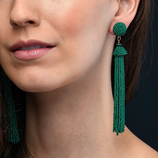 Lange kwastoorbellen voor dames, Boho Chic Green Dangle Oorbellen voor dames, Groene Kwastje Oorbellen met groen gekleurde kralen voor meisjes