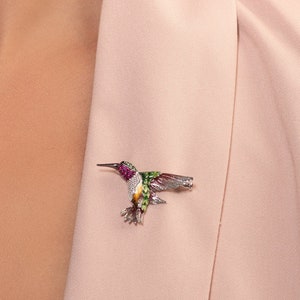 925 Sterling Silver Hummingbird Brooch For Women, Ladies Brooch With Colourful Emamel & Cubic Zirconia stones in Sterling Silver image 1