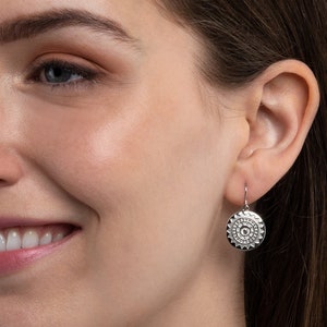 Silver Round Disc Mandala Earrings For Women, Dangly Earrings with Mandala Disc, Cute Silver Earrings For Teenage Girls with Mandala Charm