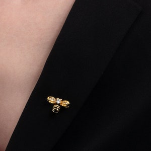 Gold Plated Bumble Bee Brooch For Women, Ladies gold brooch with black enamel details and sparkling White Cubic Zirconia stones image 1