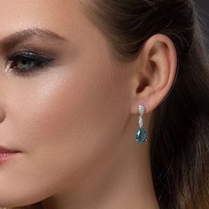 925 Sterling Silver Light Blue Drop Earrings For Women, Drop Earrings with Pear-Shaped Sky Blue Stones and White Cubic Zirconia in Silver